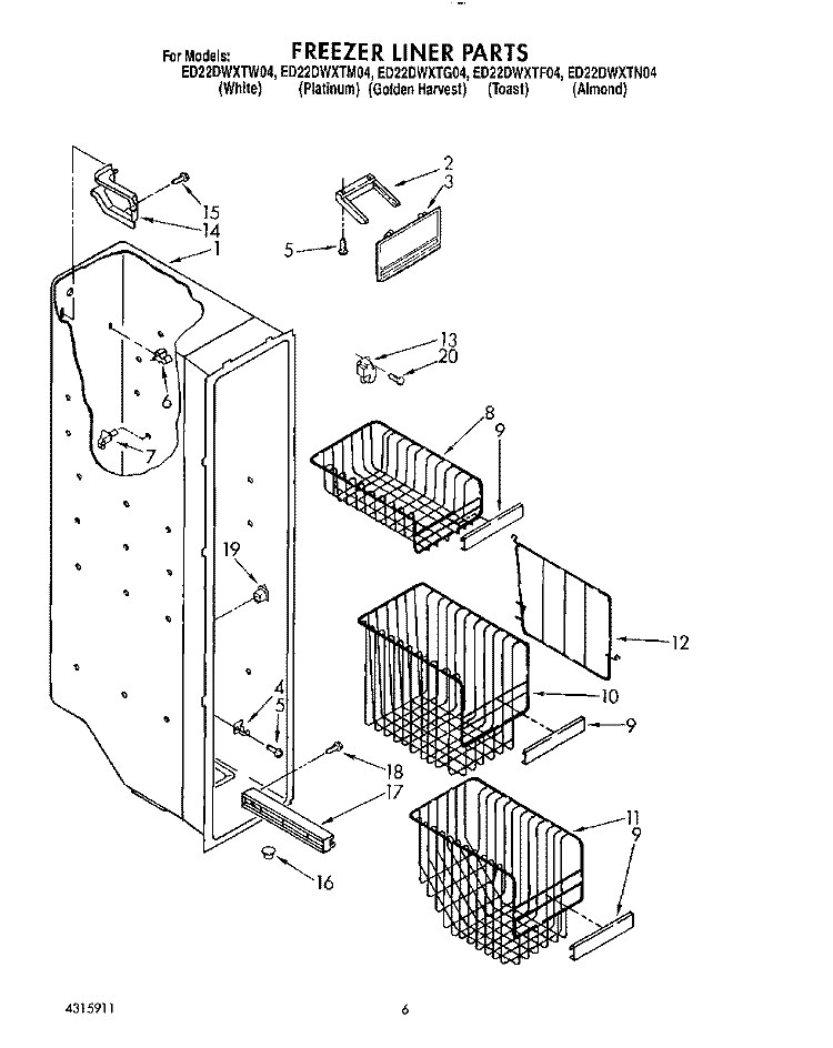 FREEZER LINER Diagram and Parts List for ED22DWXTG04  Whirlpool Refrigerator