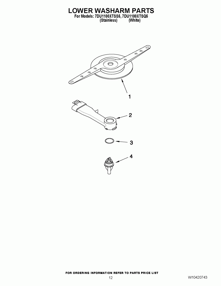 LOWER WASHARM PARTS Diagram and Parts List for 7DU1100XTSS5  Whirlpool Dishwasher