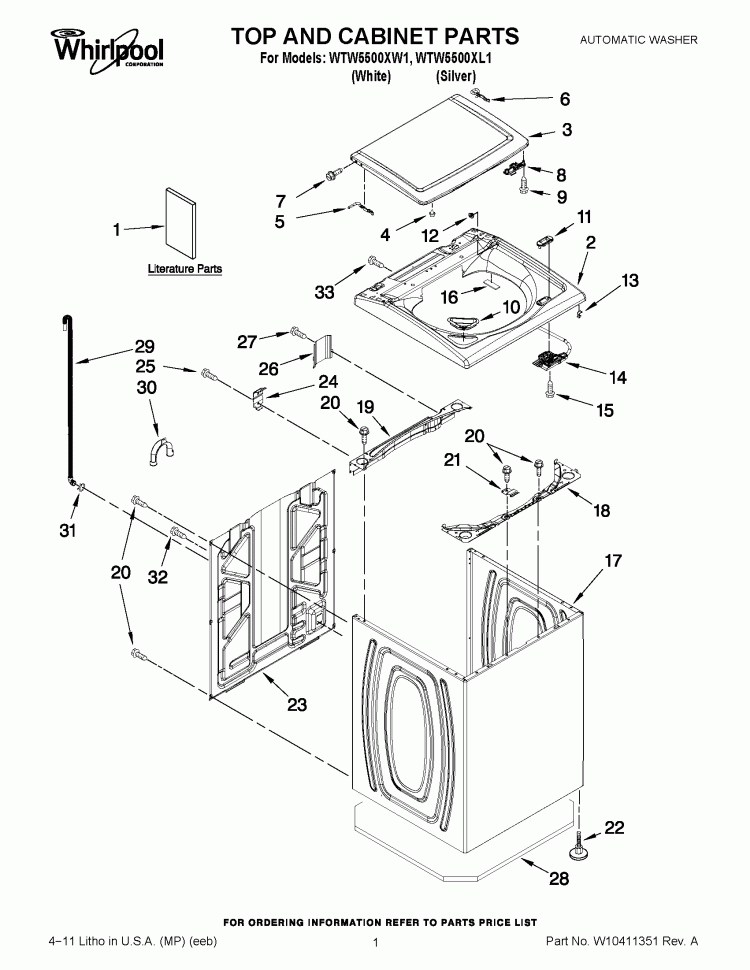 TOP AND CABINET PARTS Diagram and Parts List for WTW5500XW1  Whirlpool Washer