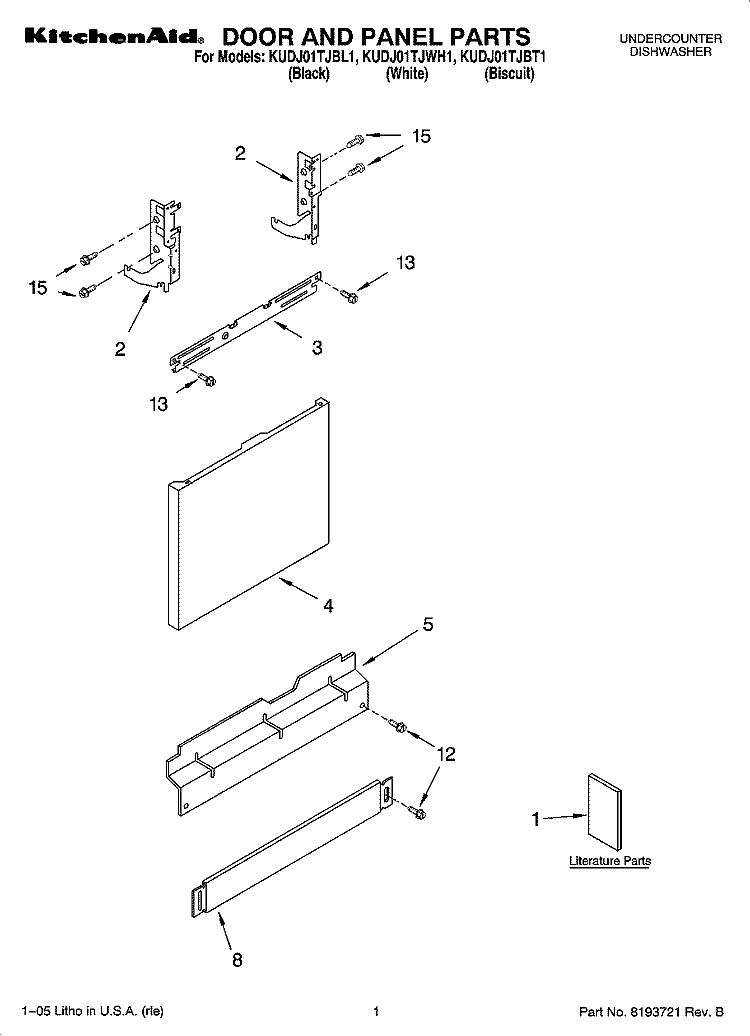 DOOR AND PANEL PARTS Diagram and Parts List for KUDJ01TJBT1  KitchenAid Dishwasher