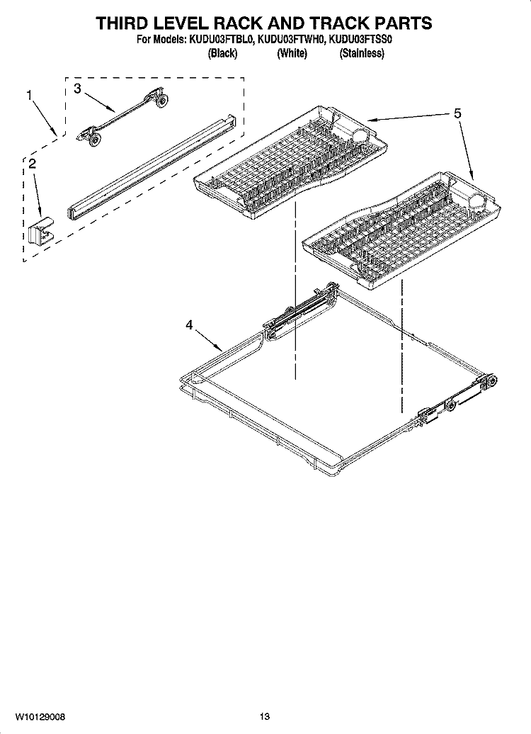 THIRD LEVEL RACK AND TRACK PARTS Diagram and Parts List for KUDU03FTWH0  KitchenAid Dishwasher