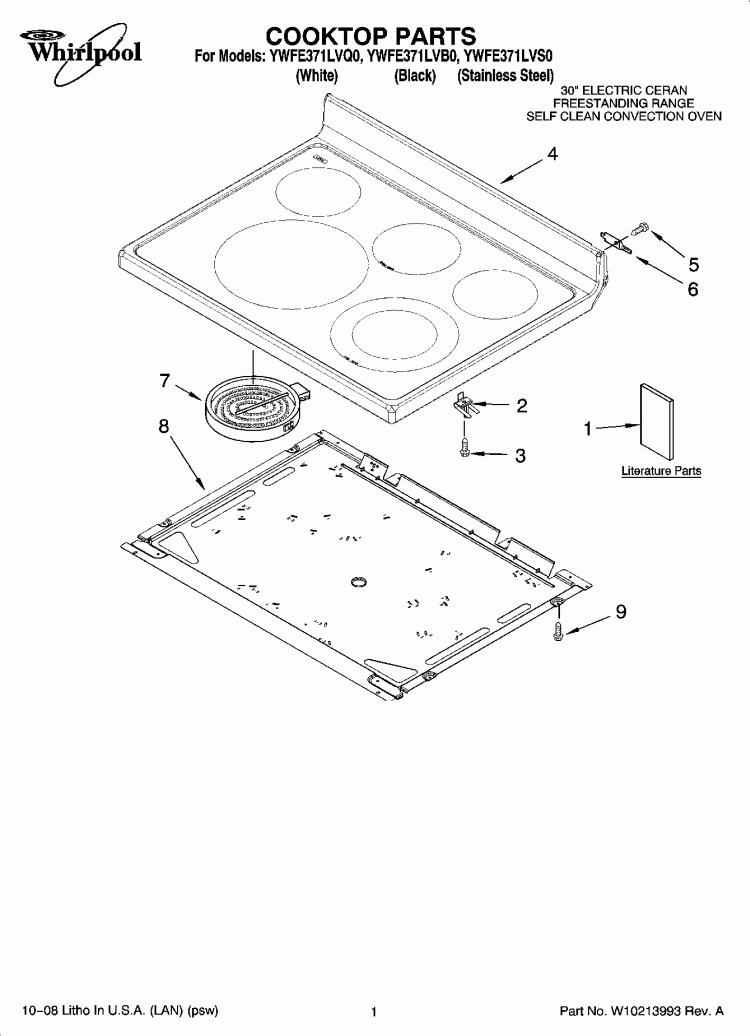 COOKTOP PARTS Diagram and Parts List for YWFE371LVS0  Whirlpool Range