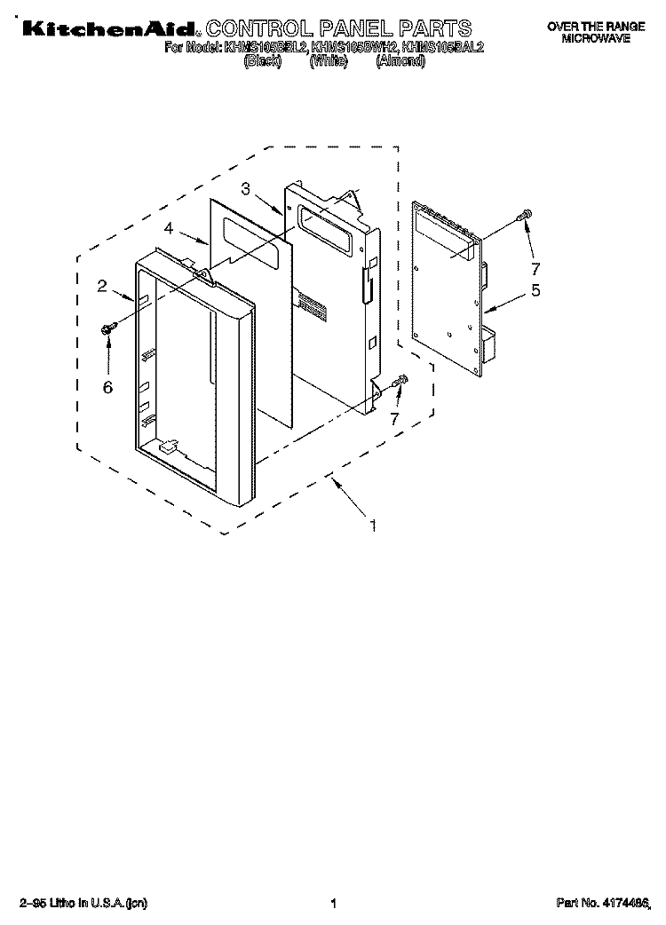 CONTROL PANEL Diagram and Parts List for KHMS105BBL2  KitchenAid Microwave