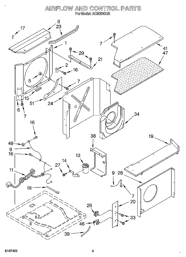 AIRFLOW AND CONTROL Diagram and Parts List for ACM254XJ0  Whirlpool Air Conditioner