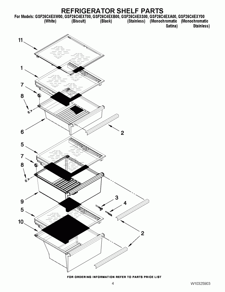 REFRIGERATOR SHELF PARTS Diagram and Parts List for GSF26C4EXW00  Whirlpool Refrigerator