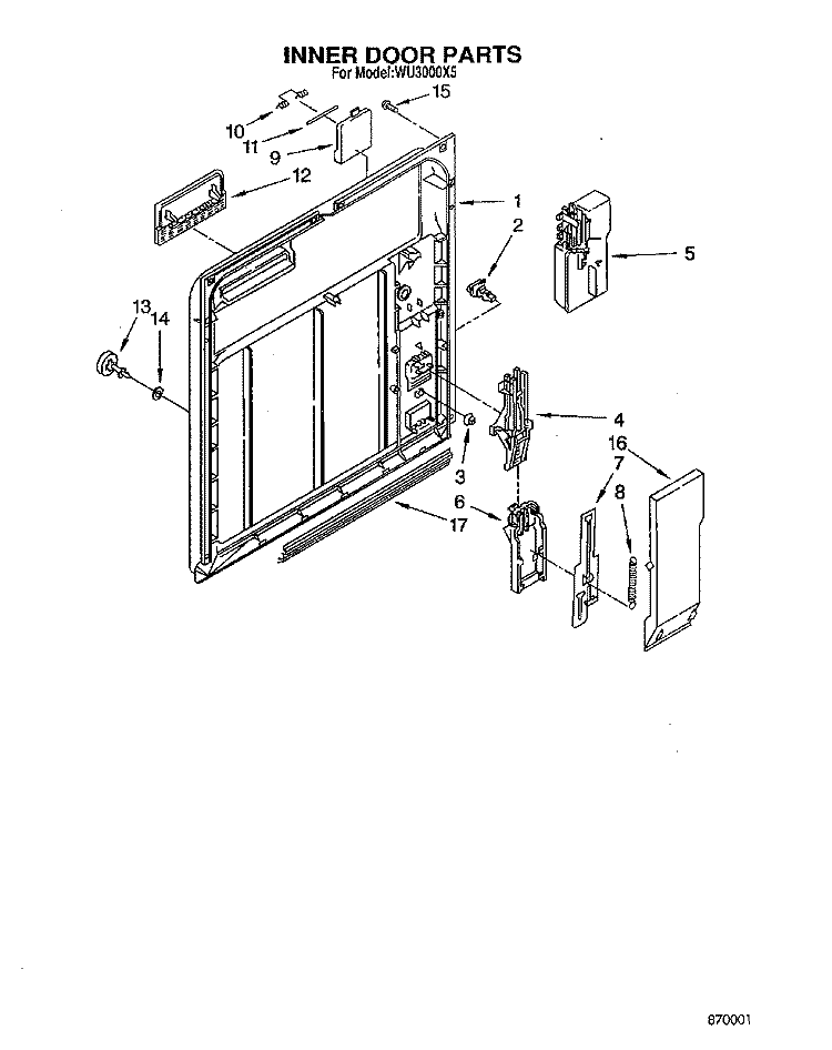 INNER DOOR Diagram and Parts List for WU3000X5  Roper Dishwasher