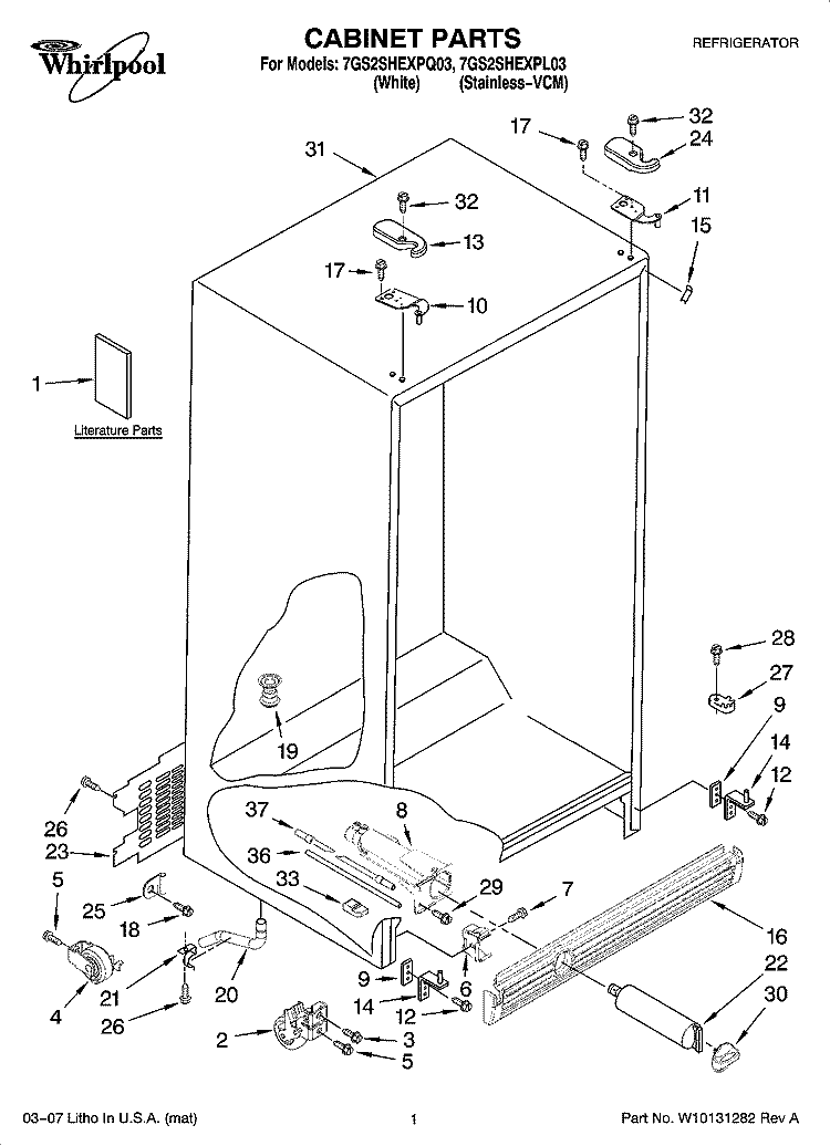CABINET PARTS Diagram and Parts List for 7GS2SHEXPL03  Whirlpool Refrigerator