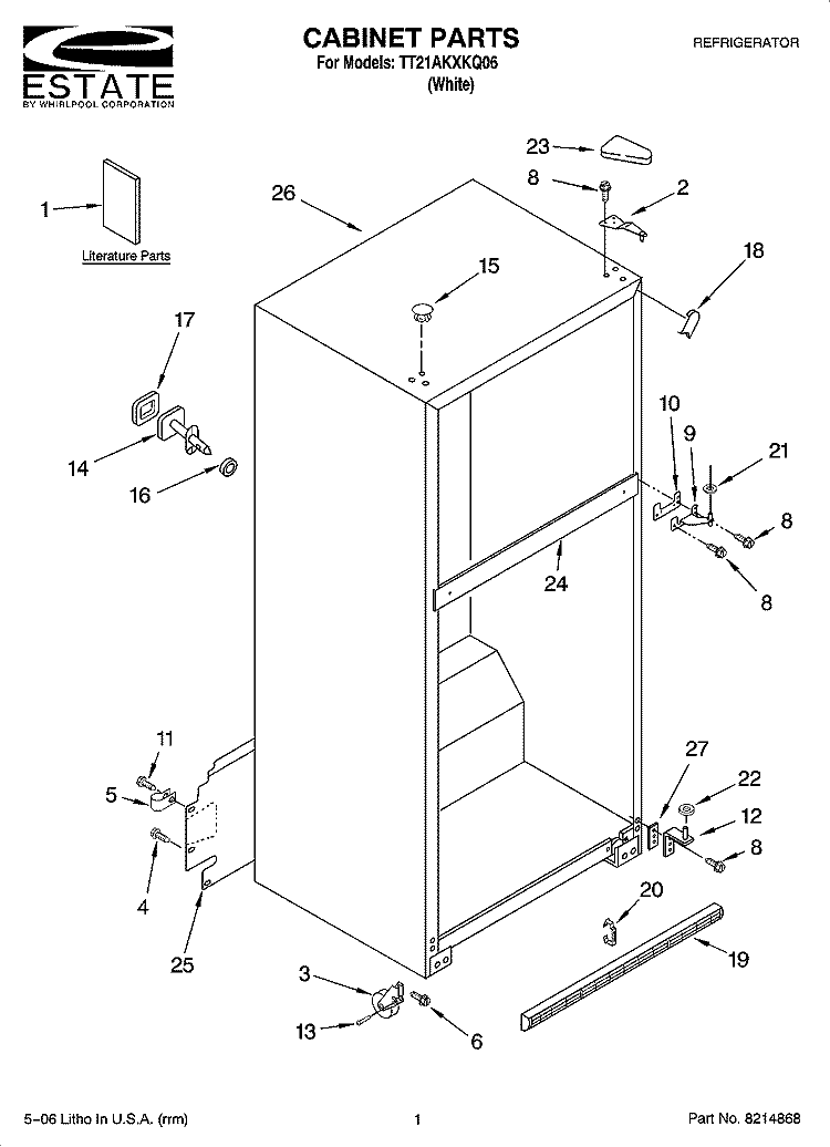 CABINET PARTS Diagram and Parts List for TT21AKXKQ06  Estate Refrigerator