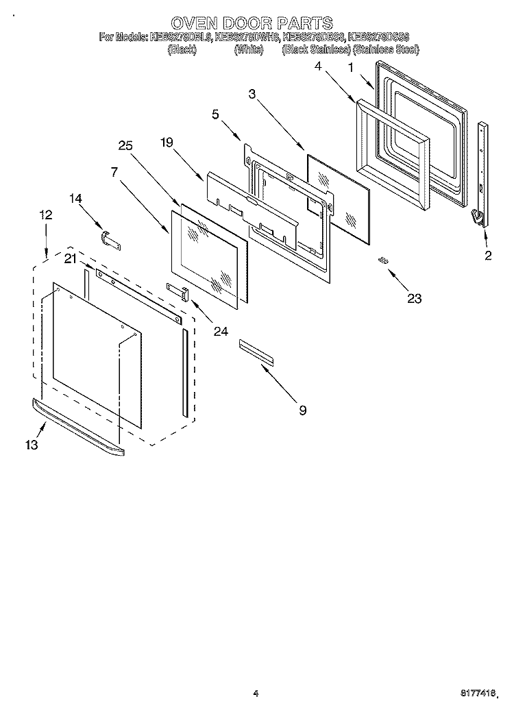 OVEN DOOR Diagram and Parts List for KEBS278DBS8  KitchenAid Wall Oven