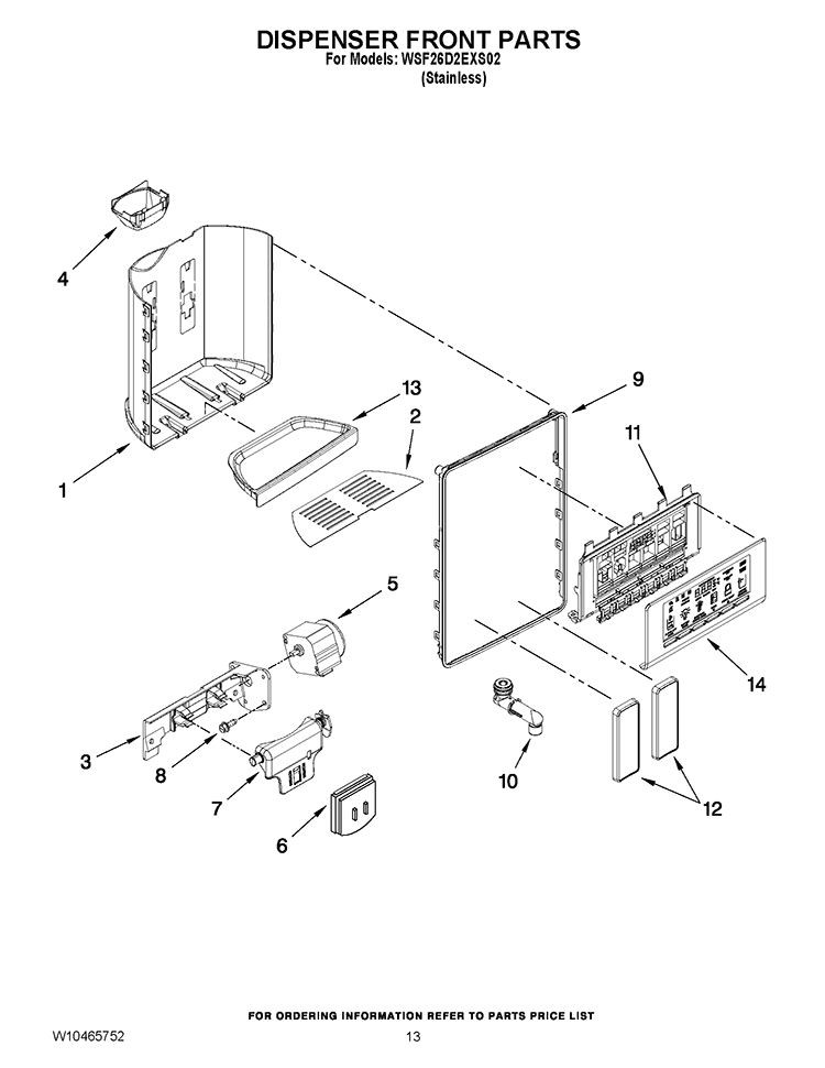 DISPENSER FRONT PARTS Diagram and Parts List for WSF26D2EXS02  Whirlpool Refrigerator