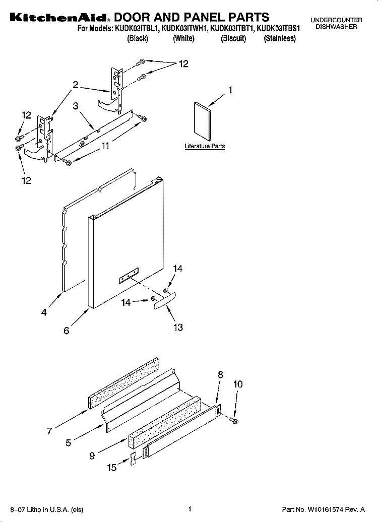 DOOR AND PANEL PARTS Diagram and Parts List for KUDK03ITBT1  KitchenAid Dishwasher