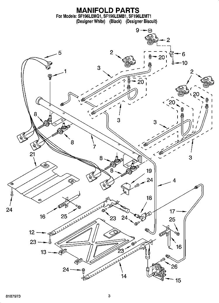MANIFOLD PARTS Diagram and Parts List for SF196LEMQ1  Whirlpool Range
