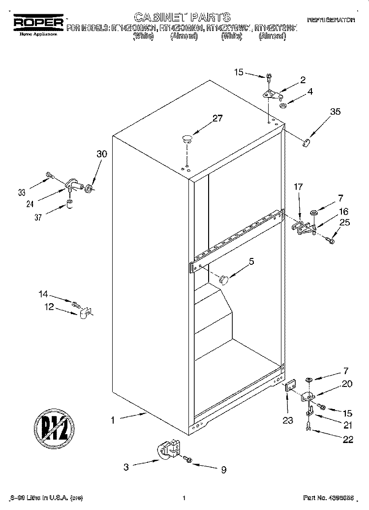 CABINET Diagram and Parts List for RT14ZKXGW01  Roper Refrigerator