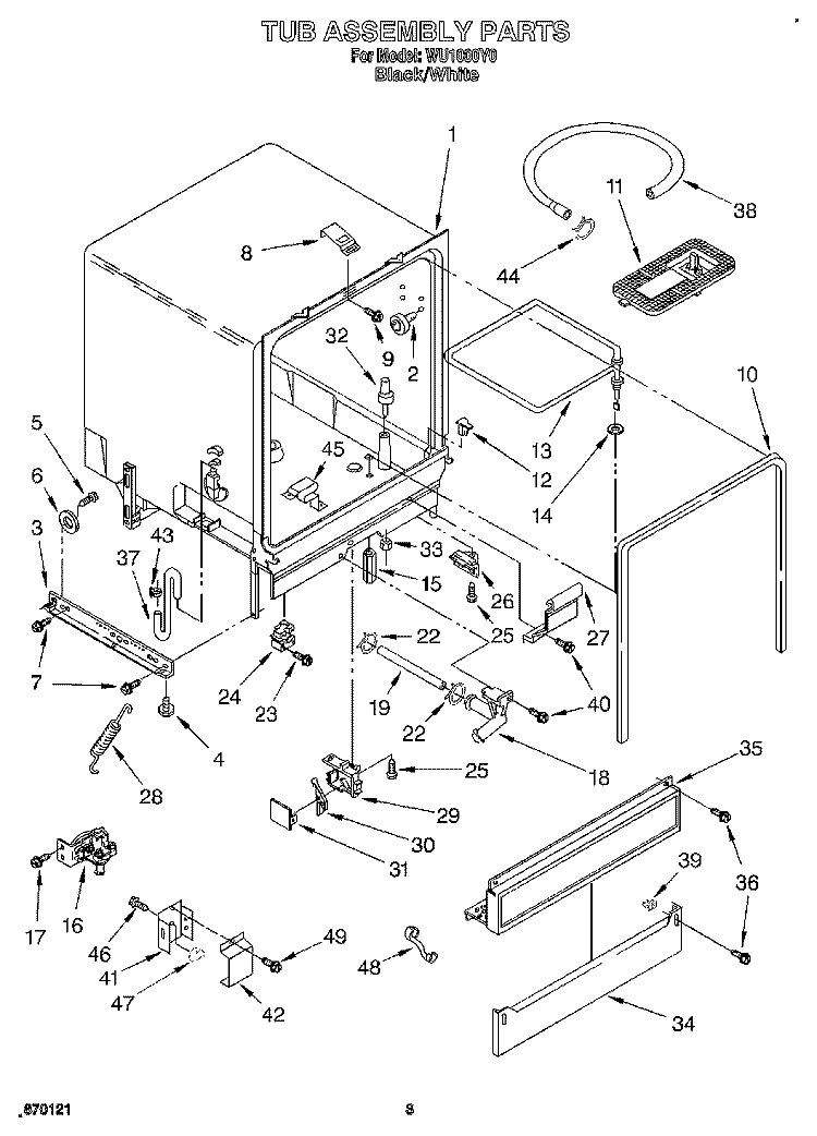 TUB ASSEMBLY, LIT/OPTIONAL Diagram and Parts List for WU1000Y0  Roper Dishwasher