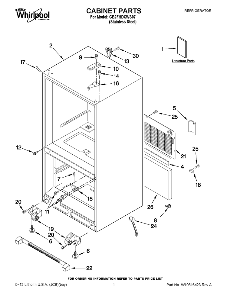 CABINET PARTS Diagram and Parts List for GB2FHDXWS07  Whirlpool Refrigerator