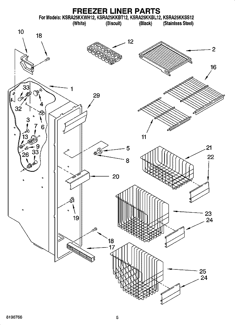 FREEZER LINER PARTS Diagram and Parts List for KSRA25KKBT12  KitchenAid Refrigerator