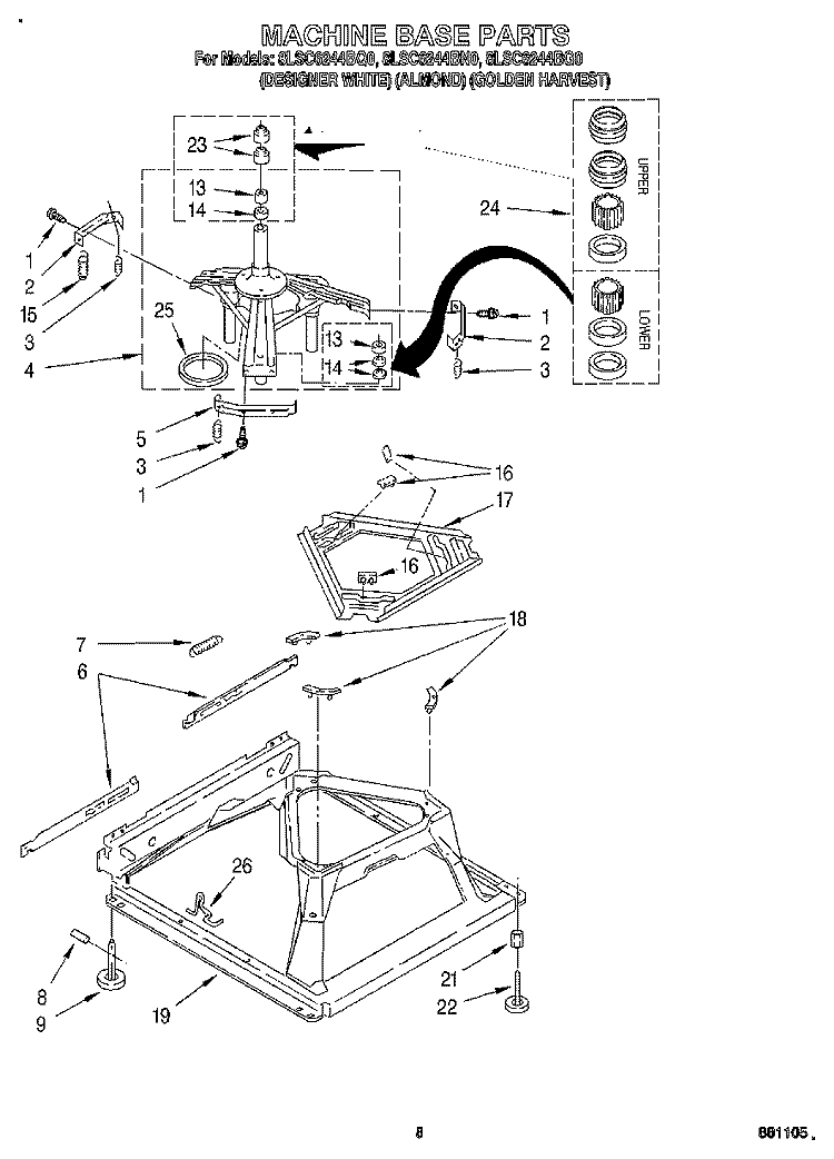 MACHINE BASE Diagram and Parts List for 8LSC6244BG0  Whirlpool Washer