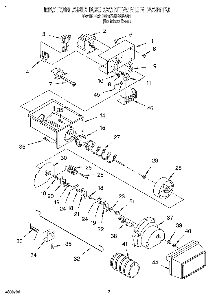 MOTOR AND ICE CONTAINER Diagram and Parts List for BRS70XRANA01  Whirlpool Refrigerator