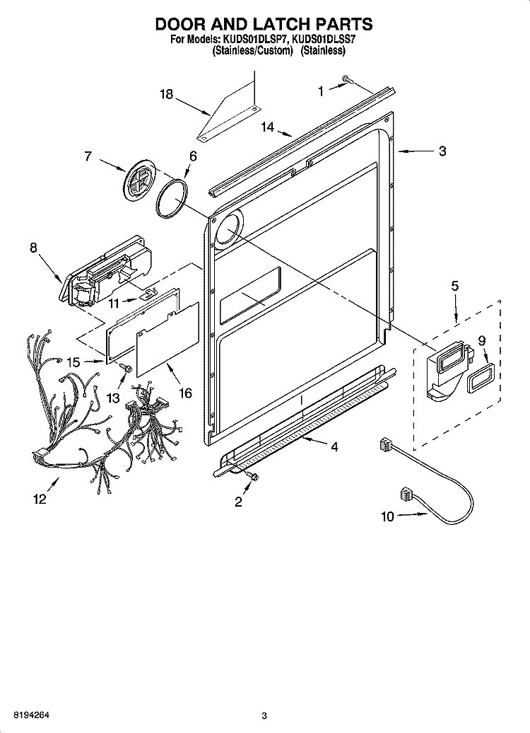 DOOR AND LATCH PARTS Diagram and Parts List for KUDS01DLSP7  KitchenAid Dishwasher