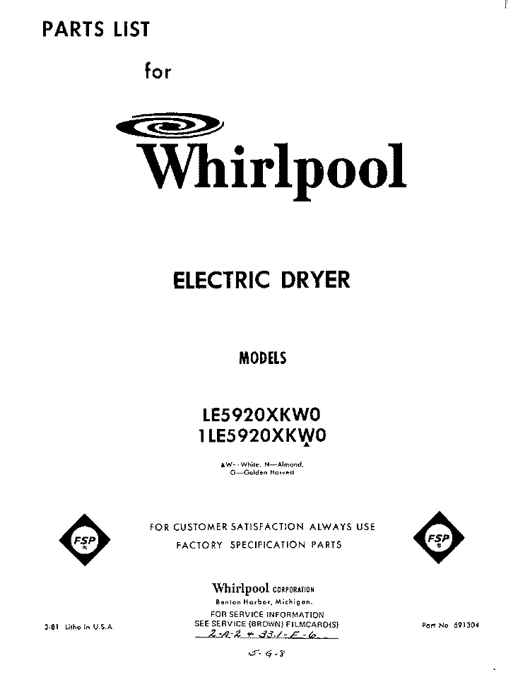 SECTION Diagram and Parts List for 1LE5920XKW0  Whirlpool Dryer