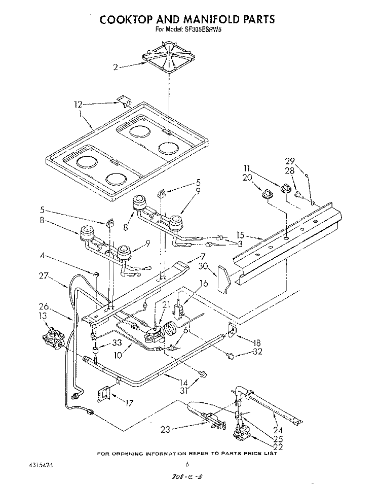 COOK TOP AND MANIFOLD , LITERATURE Diagram and Parts List for SF305ESRW5  Whirlpool Range