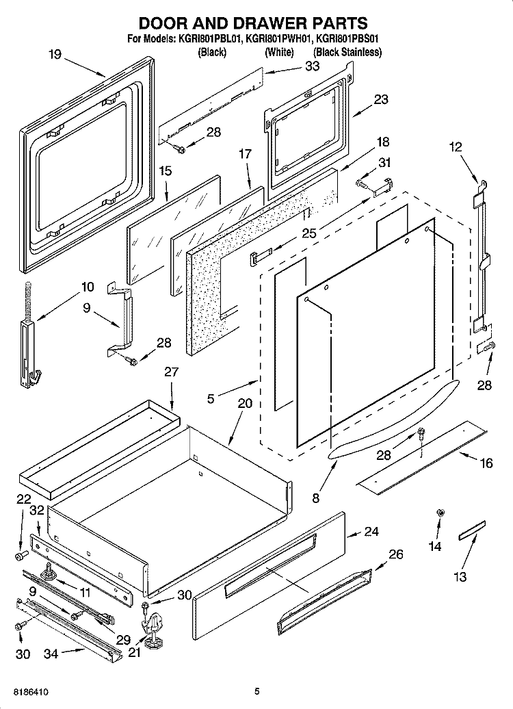 DOOR AND DRAWER PARTS Diagram and Parts List for KGRI801PBL01  KitchenAid Range
