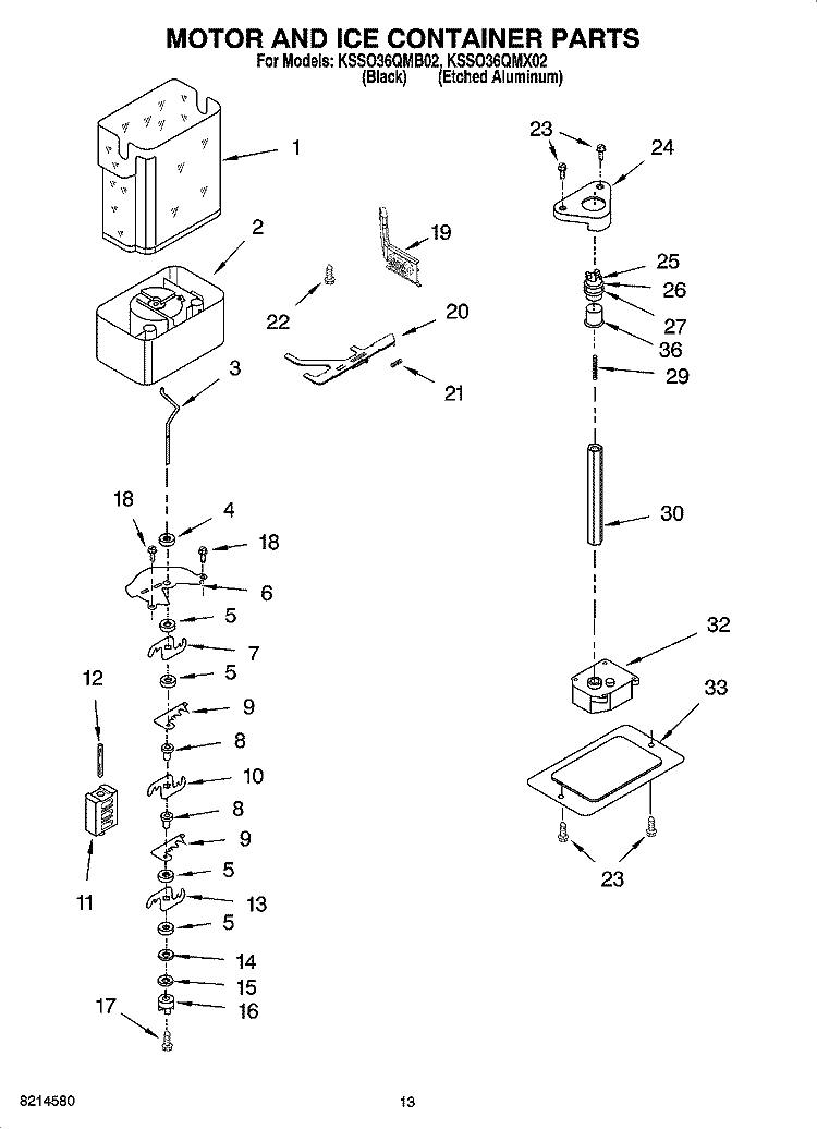 MOTOR AND ICE CONTAINER PARTS Diagram and Parts List for KSSO36QMX02  KitchenAid Refrigerator