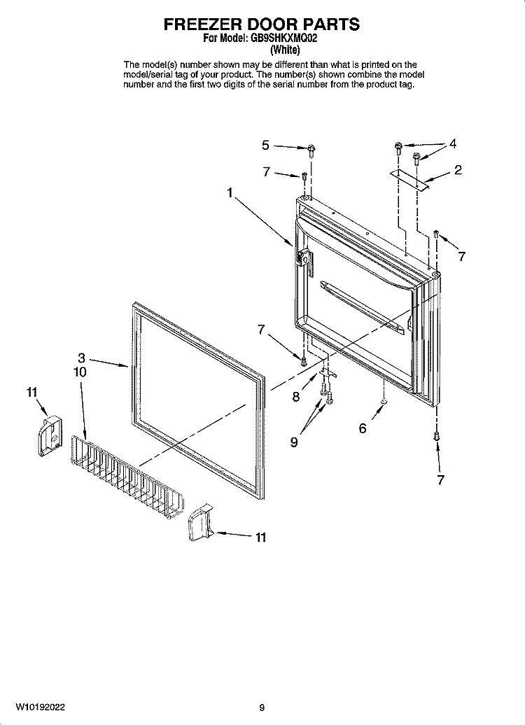 FREEZER DOOR PARTS Diagram and Parts List for GB9SHKXMQ02  Whirlpool Refrigerator