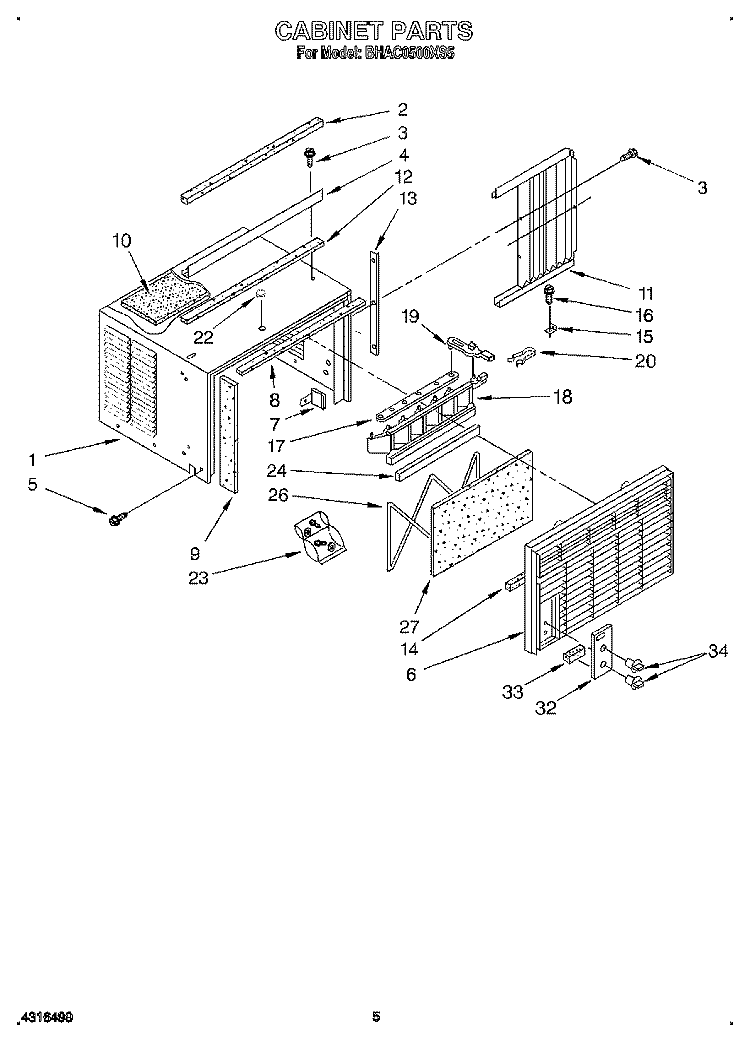 CABINET Diagram and Parts List for BHAC0500XS5  Whirlpool Air Conditioner