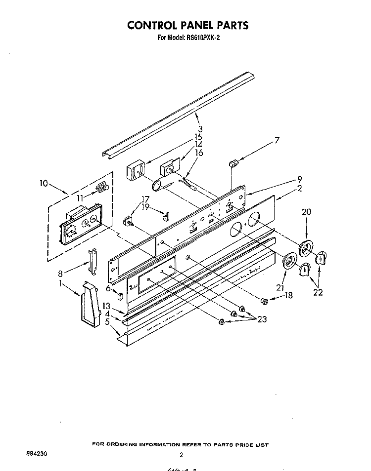 CONTROL PANEL Diagram and Parts List for RS610PXK2  Whirlpool Range