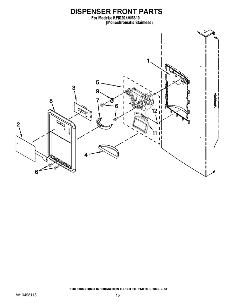 DISPENSER FRONT PARTS Diagram and Parts List for KFIS20XVMS10  KitchenAid Refrigerator