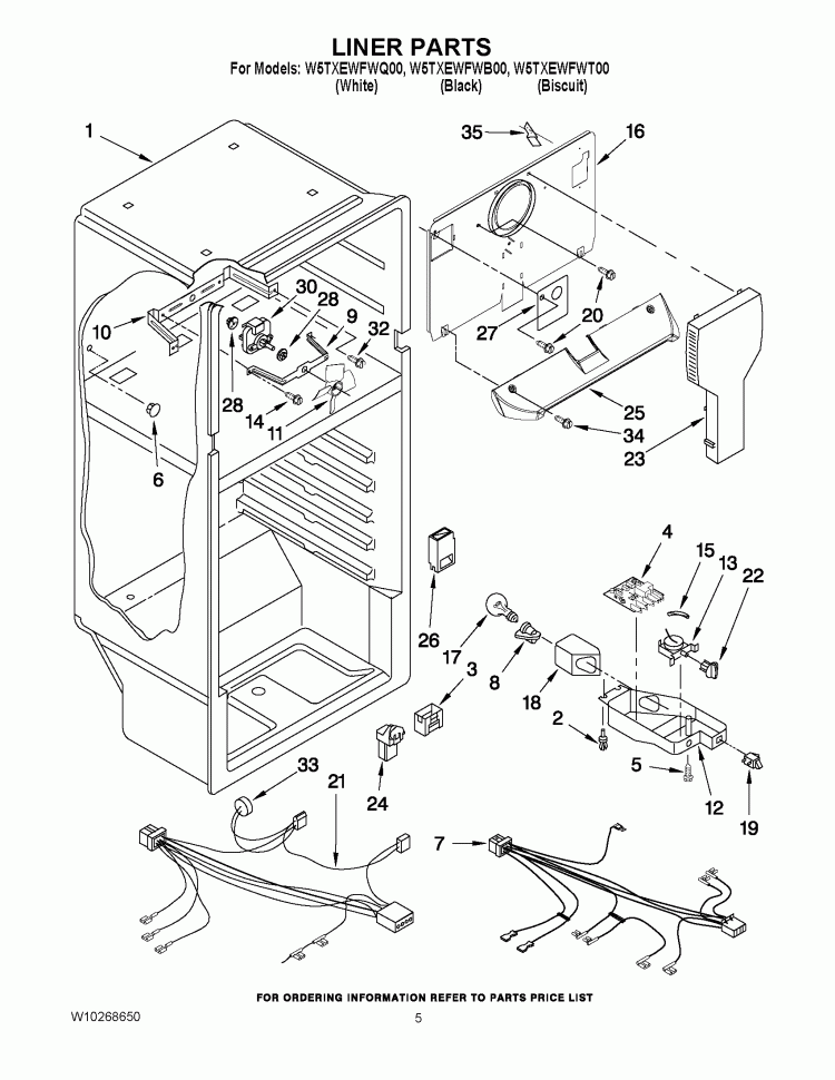 LINER PARTS Diagram and Parts List for W5TXEWFWT00  Whirlpool Refrigerator