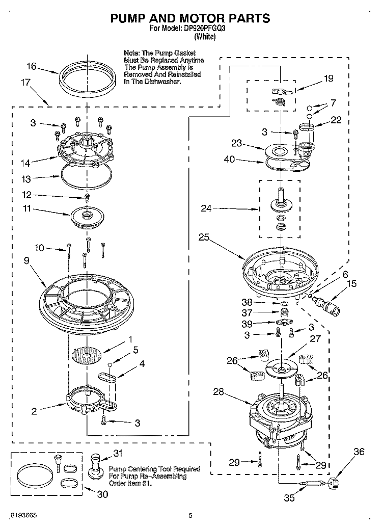 PUMP AND MOTOR Diagram and Parts List for DP920PFGQ3  Whirlpool Dishwasher