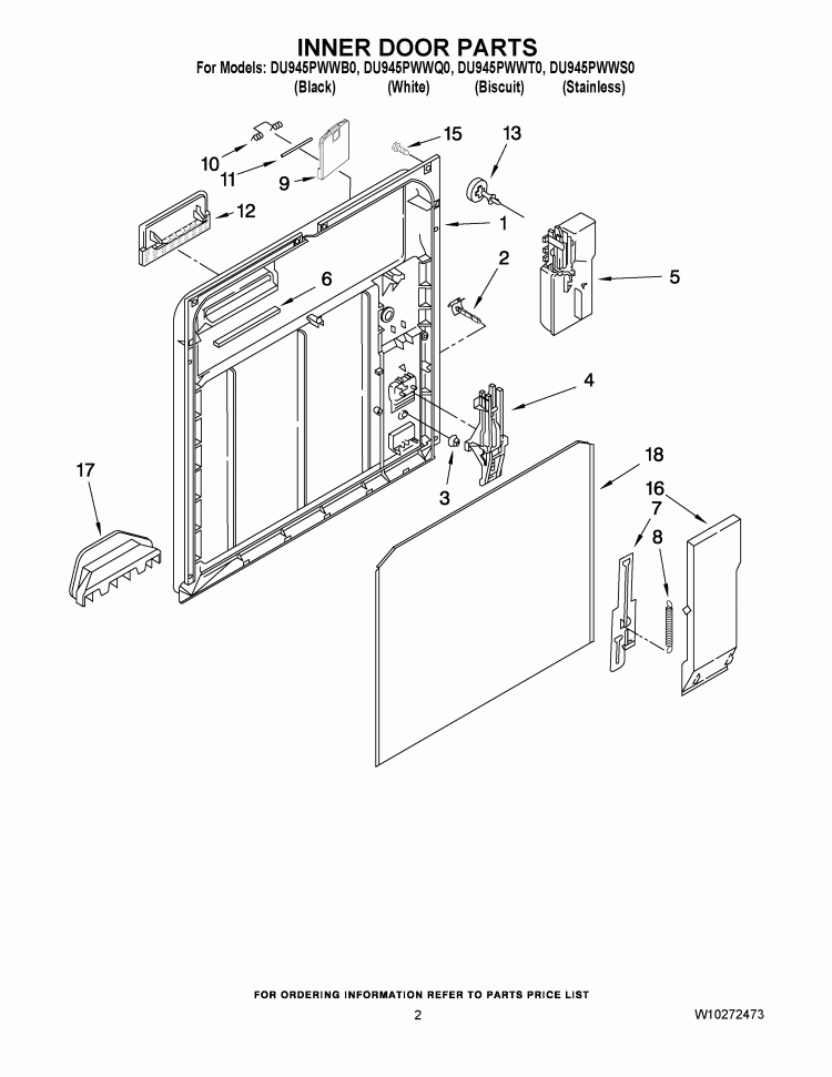 INNER DOOR PARTS Diagram and Parts List for DU945PWWQ0  Whirlpool Dishwasher
