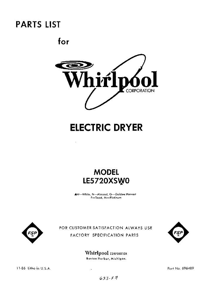 SECTION Diagram and Parts List for LE5720XSW0  Whirlpool Dryer
