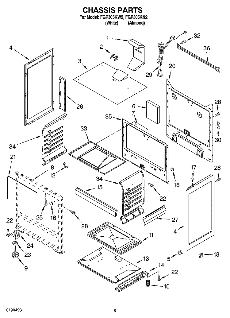 CHASSIS PARTS Diagram and Parts List for FGP305KW2  Roper Range