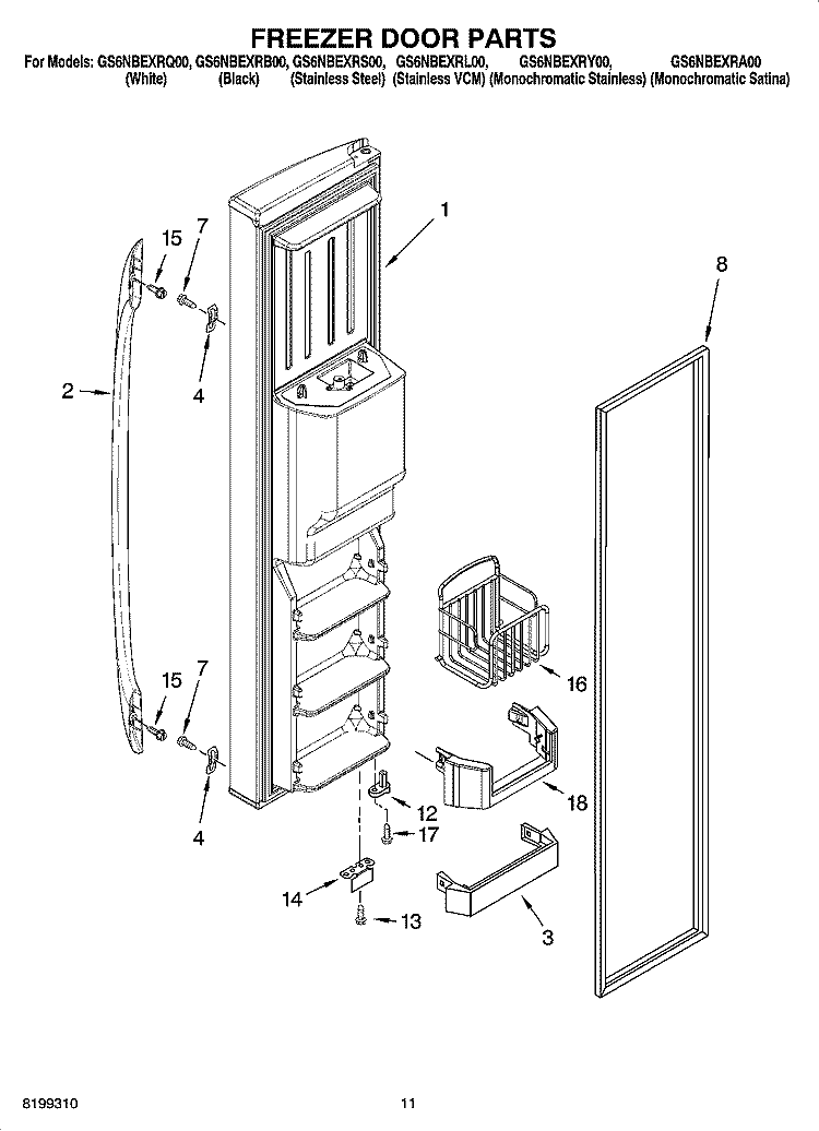 FREEZER DOOR PARTS Diagram and Parts List for GS6NBEXRY00  Whirlpool Refrigerator