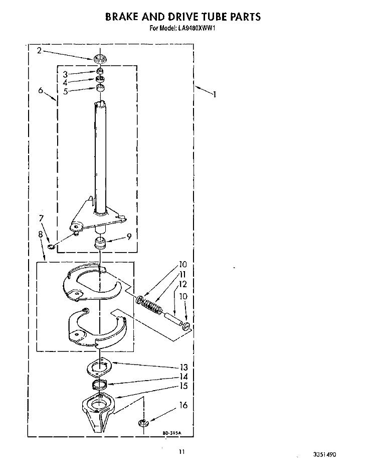 BRAKE AND DRIVE TUBE Diagram and Parts List for LA9480XWF1  Whirlpool Washer