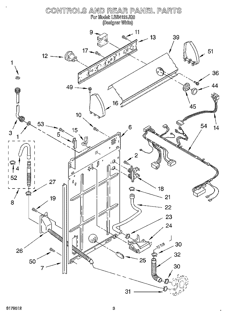 CONTROLS AND REAR PANEL Diagram and Parts List for LBR4121JQ0  Whirlpool Washer