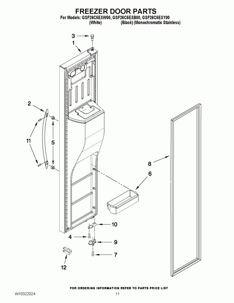 FREEZER DOOR PARTS Diagram and Parts List for GSF26C5EXB00  Whirlpool Refrigerator