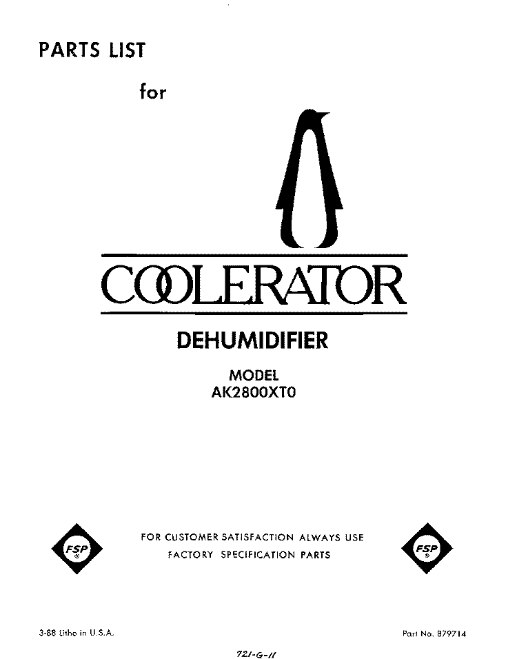 SECTION Diagram and Parts List for AK2800XT0  Whirlpool Dehumidifier