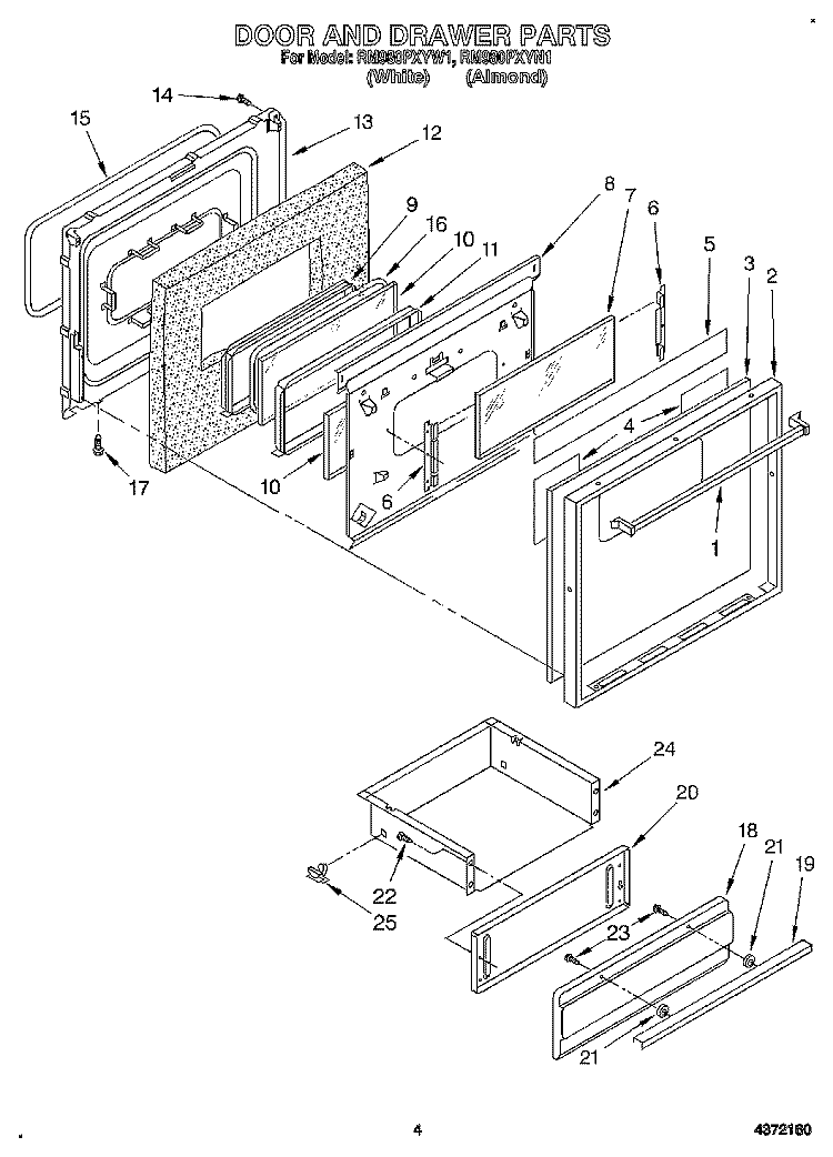 DOOR AND DRAWER Diagram and Parts List for RM980PXYN1  Whirlpool Microwave Oven Combo