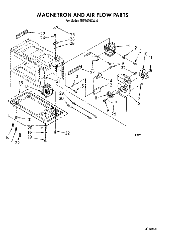 MAGNETRON AND AIR FLOW Diagram and Parts List for MW3600XW0  Whirlpool Microwave