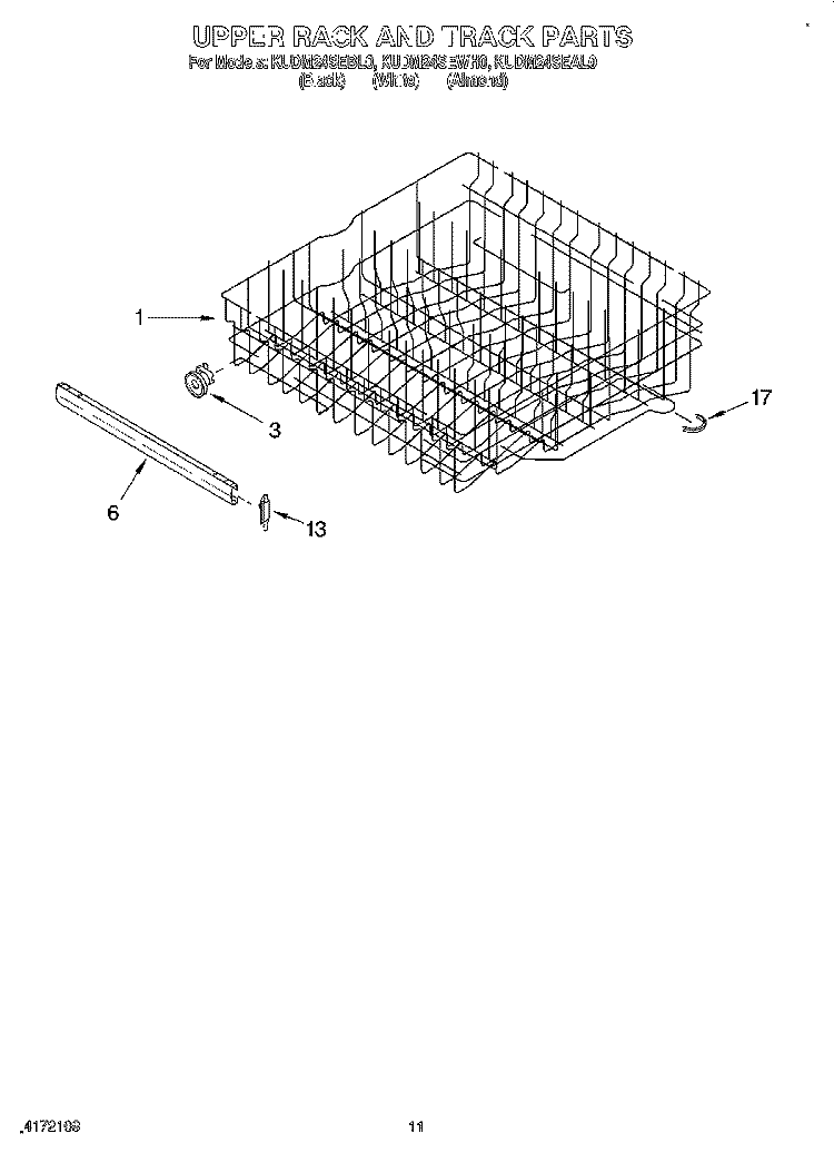 UPPER RACK AND TRACK Diagram and Parts List for KUDM24SEBL0  KitchenAid Dishwasher