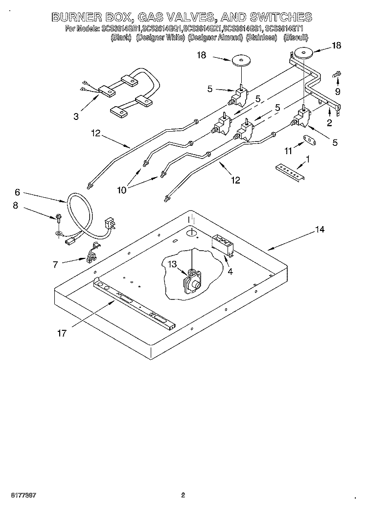 BURNER BOX, GAS VALVES, AND SWITCHES Diagram and Parts List for SCS3614GS1  Whirlpool Cooktop