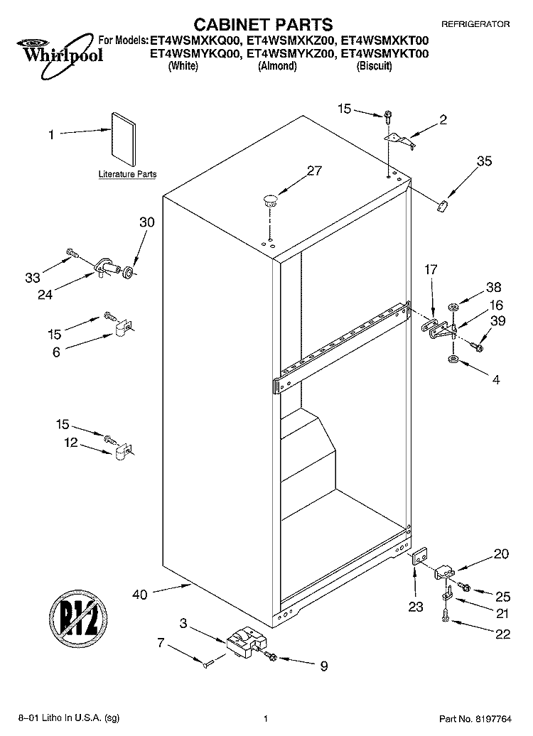 CABINET, LITERATURE Diagram and Parts List for ET4WSMYKT00  Whirlpool Refrigerator