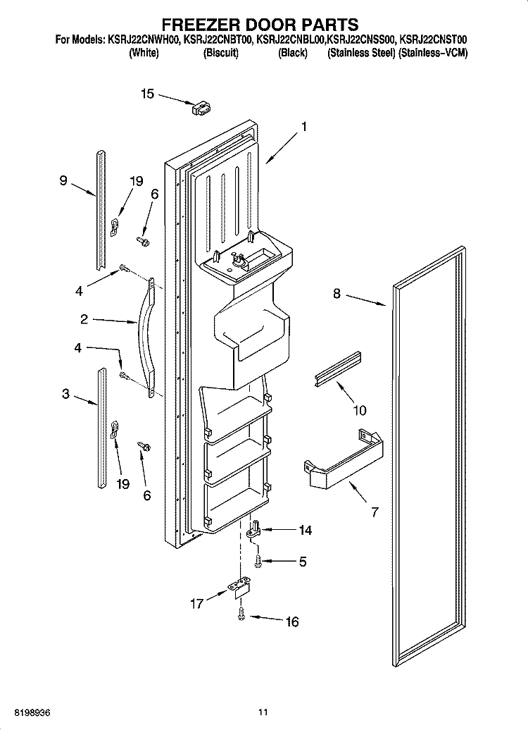 FREEZER DOOR PARTS Diagram and Parts List for KSRJ22CNWH00  KitchenAid Refrigerator