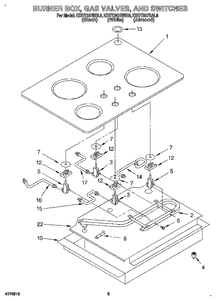 BURNER BOX, GAS VALVES, AND SWITCHES Diagram and Parts List for KDDT207BBL8  KitchenAid Range