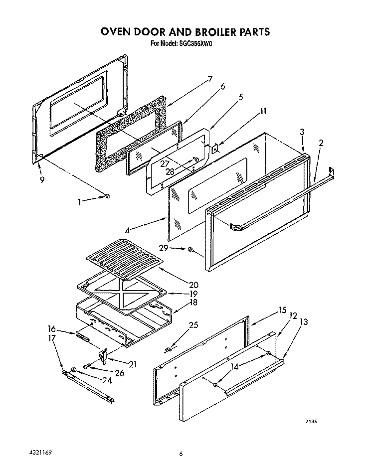 OVEN DOOR AND BROILER Diagram and Parts List for SGC355XW0  Roper Range