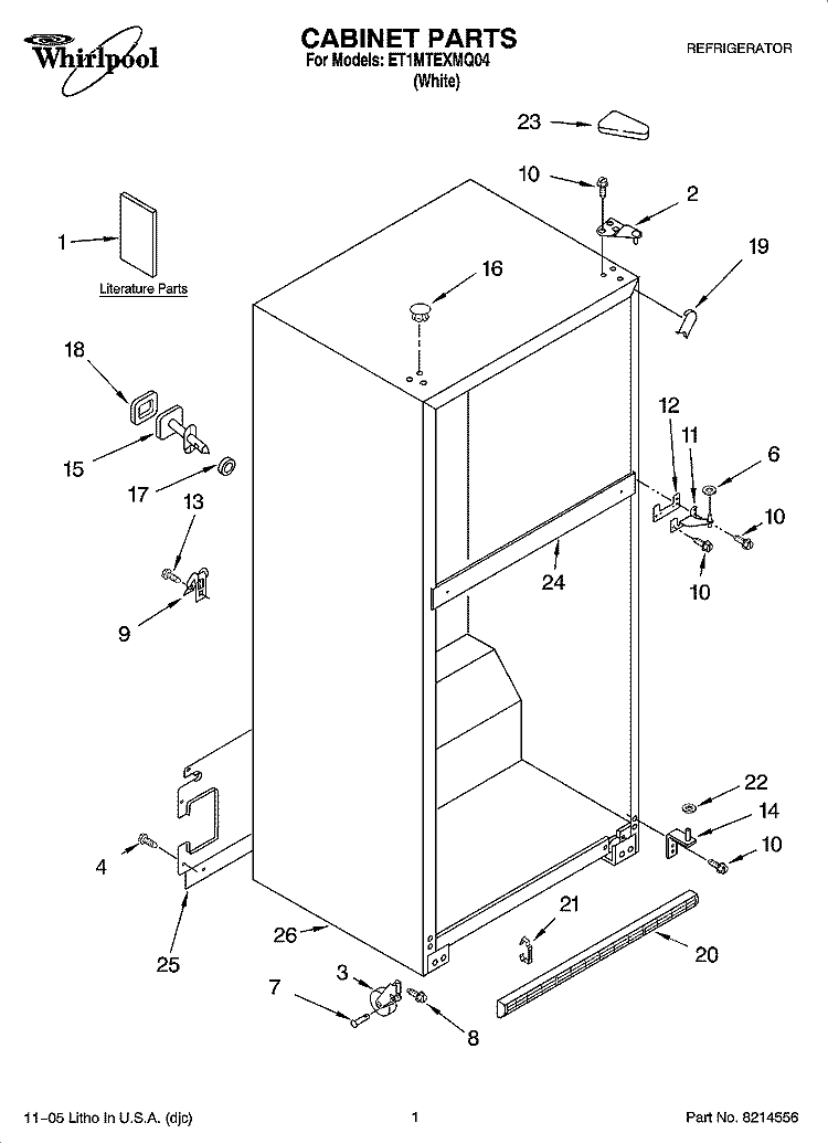 CABINET PARTS Diagram and Parts List for ET1MTEXMQ04  Whirlpool Refrigerator